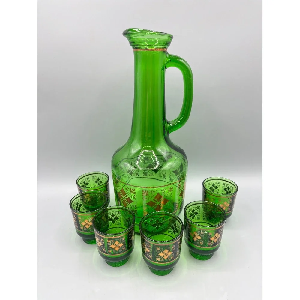 Vintage Green Glass Decanter Set 6 Shot Glasses Gold Geometric Pattern MCM EMPTY